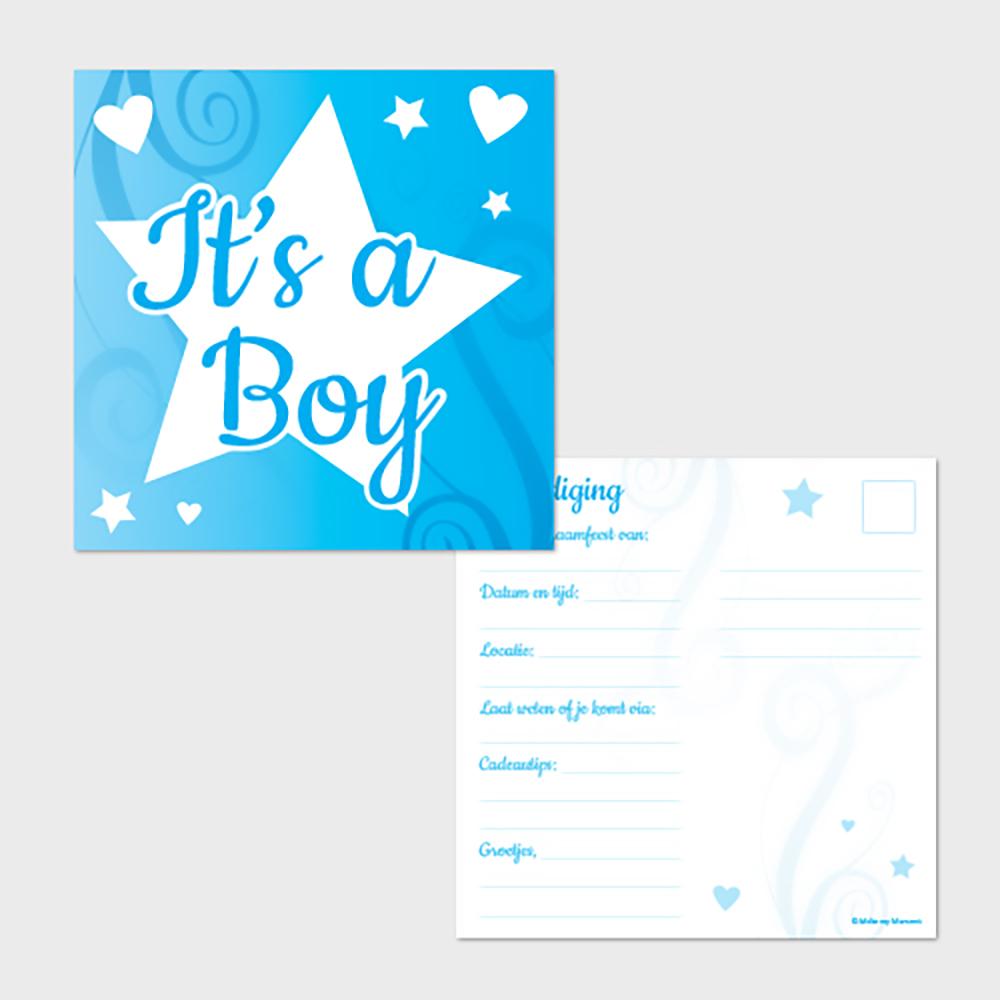 It's a Boy uitnodigingen voor en achterkant